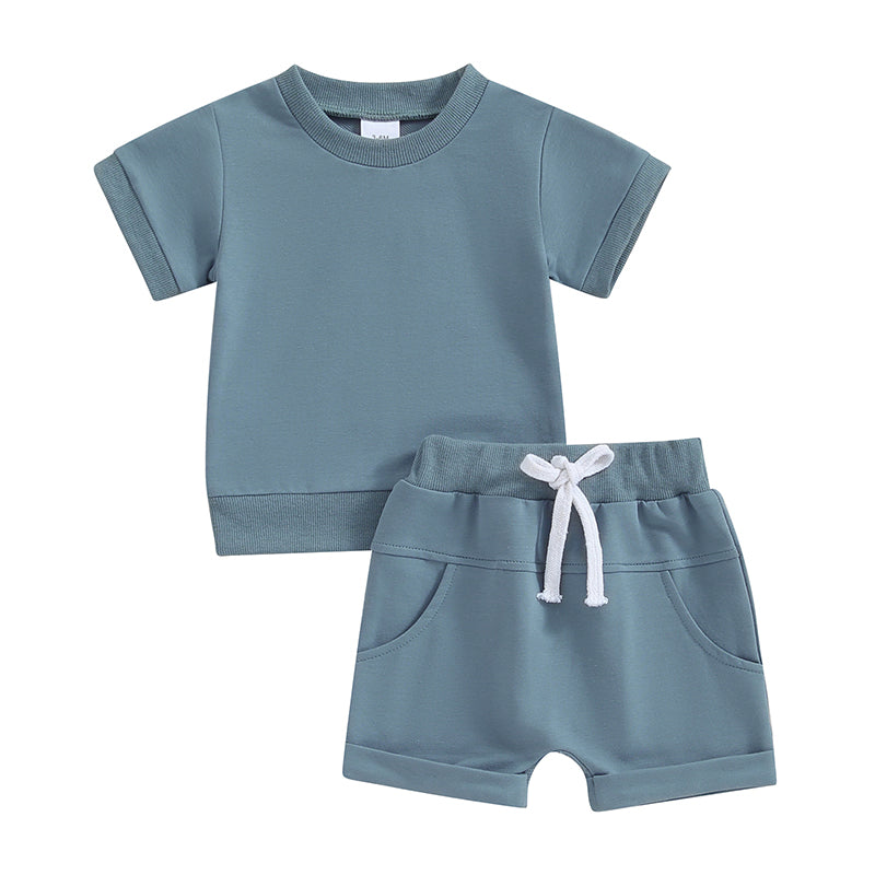 Toddler Baby Summer Clothes Solid Color Short Sleeve Round Neck T-Shirt with Shorts 2Pcs Outfit