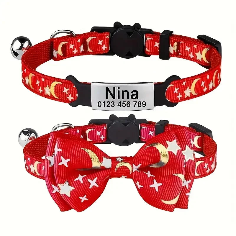 Personalized Custom Engraved Pet Name and Phone Number Cat ID Tag Moon and Star Print cat Collar with Bow Suitable for pet Cats