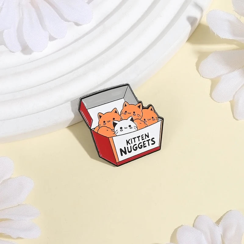 A Box of Kittens Nuggets Enamel Pin Cartoon Funny Cat Fast Food Cat Lover Brooch Lapel Backpack Badge Jewelry Gift for Friends