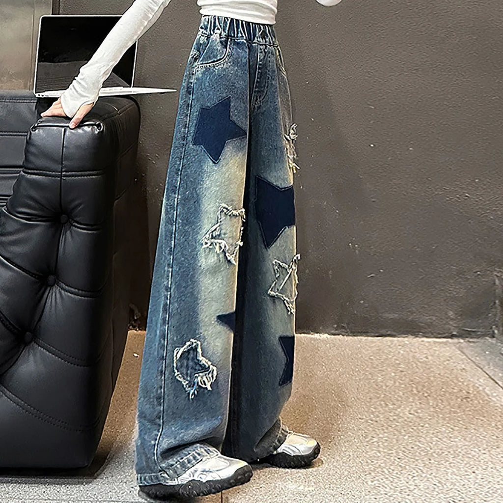 Kids Girls High Street Jeans Elastic Waist Baggy Denim Wide Leg Pants Trousers Fashion Oversize Star Embroidery Sports Pants
