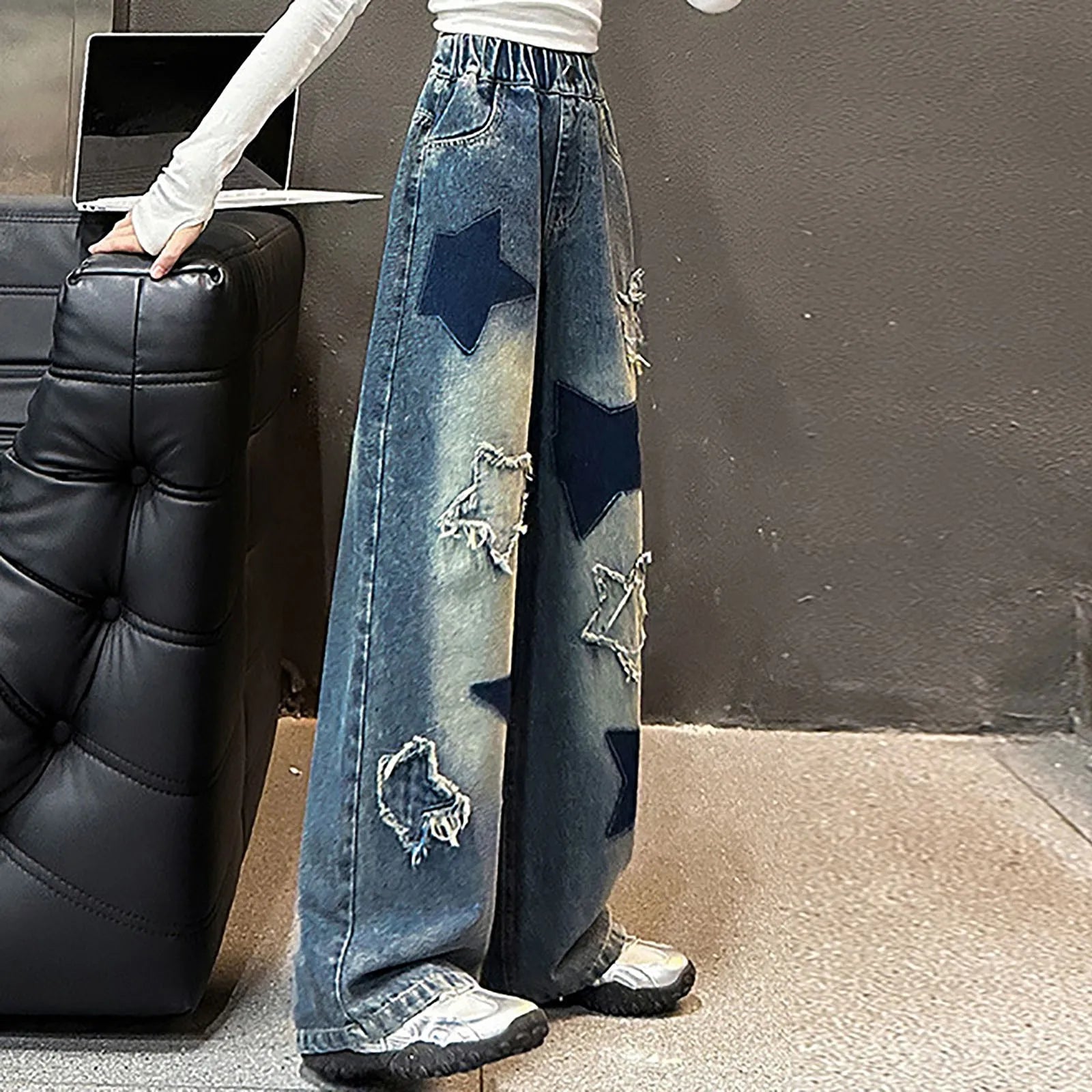 Kids Girls High Street Jeans Elastic Waist Baggy Denim Wide Leg Pants Trousers Fashion Oversize Star Embroidery Sports Pants