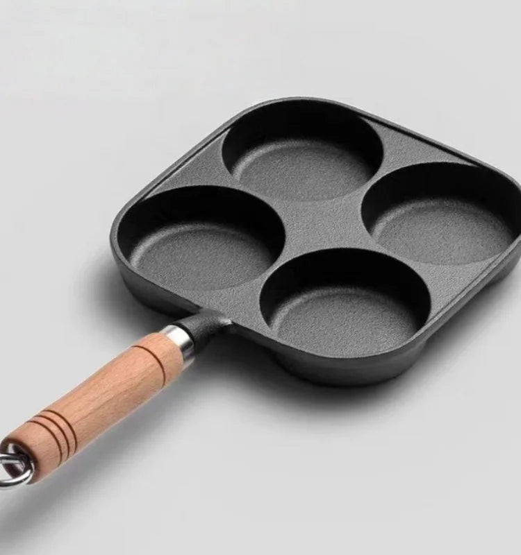 JUSTINLAU 2/4-Hole Cast Iron Omelette Pot Household Non-stick Flats-bottomed Egg Dumpling Pot Breakfast Egg Burger Frying Pan
