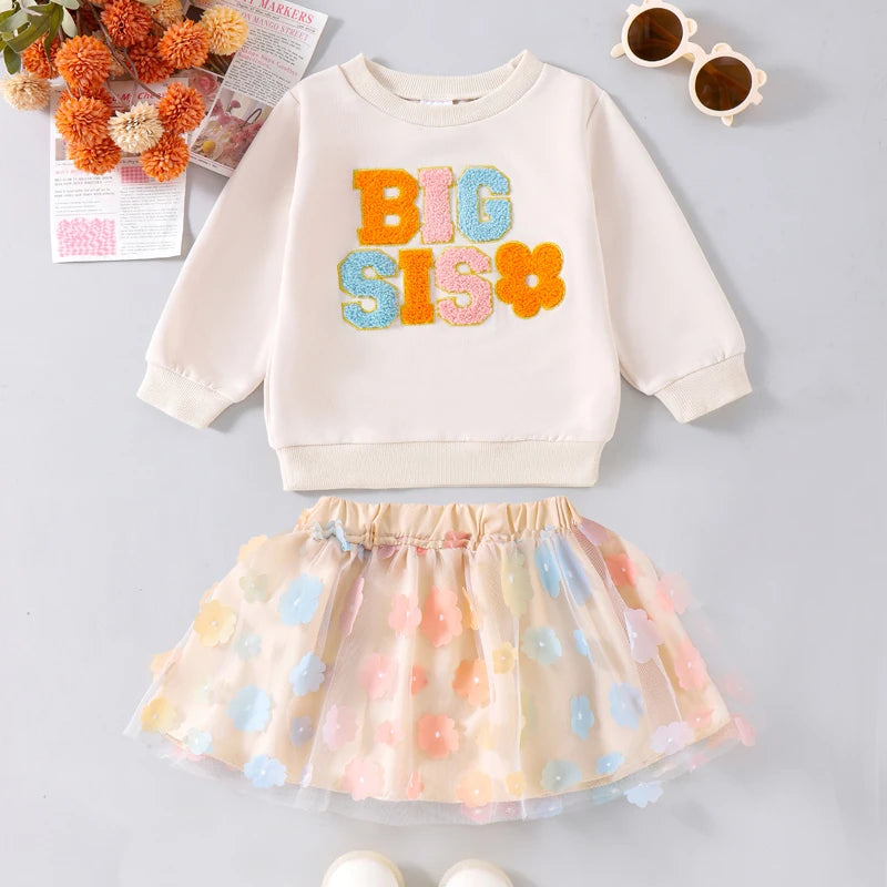 2024-07-27 Kids Girls Skirt Set Long Sleeve Embroidery Letters Sweatshirt with Flower Tulle Skirt 2-piece Outfit