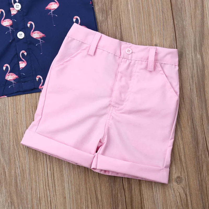 Lioraitiin 1-6Years Toddler Baby Boy Gentleman Flamingo Short Sleeve Shirt+Shorts Solid Pants Wedding Party Summer Set
