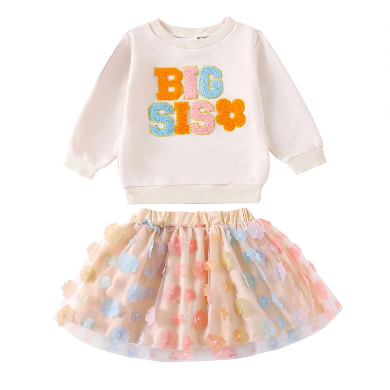 2024-07-27 Kids Girls Skirt Set Long Sleeve Embroidery Letters Sweatshirt with Flower Tulle Skirt 2-piece Outfit