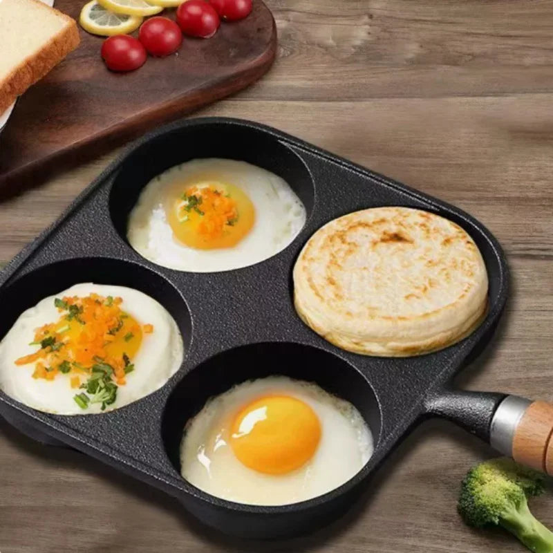 JUSTINLAU 2/4-Hole Cast Iron Omelette Pot Household Non-stick Flats-bottomed Egg Dumpling Pot Breakfast Egg Burger Frying Pan