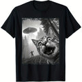 Funny Cat UFO Selfie T-Shirt Saucer Graphic Tee with Curious Cat Taking Picture Unisex Casual Crew Neck Short Sleeve Shirt