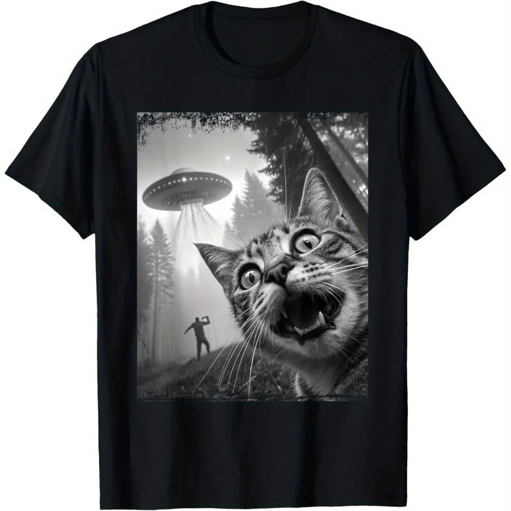 Funny Cat UFO Selfie T-Shirt Saucer Graphic Tee with Curious Cat Taking Picture Unisex Casual Crew Neck Short Sleeve Shirt