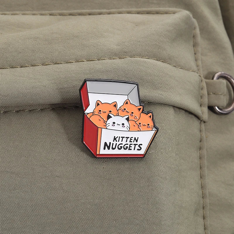 A Box of Kittens Nuggets Enamel Pin Cartoon Funny Cat Fast Food Cat Lover Brooch Lapel Backpack Badge Jewelry Gift for Friends
