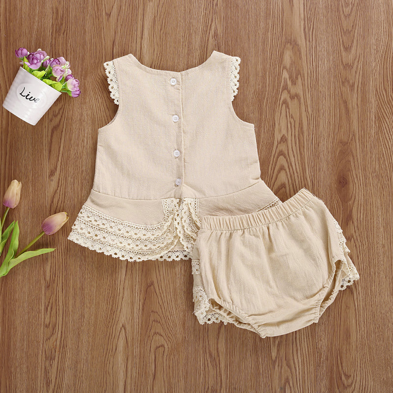 Lioraitiin 0-4Years Toddler Baby Girl Summer Clothing Set Sleeveless Lace Pacthwork Solid Top Shorts 2Pcs Outfit