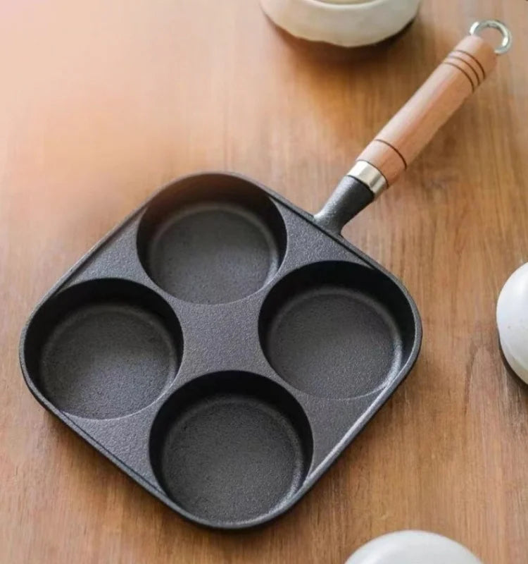 JUSTINLAU 2/4-Hole Cast Iron Omelette Pot Household Non-stick Flats-bottomed Egg Dumpling Pot Breakfast Egg Burger Frying Pan