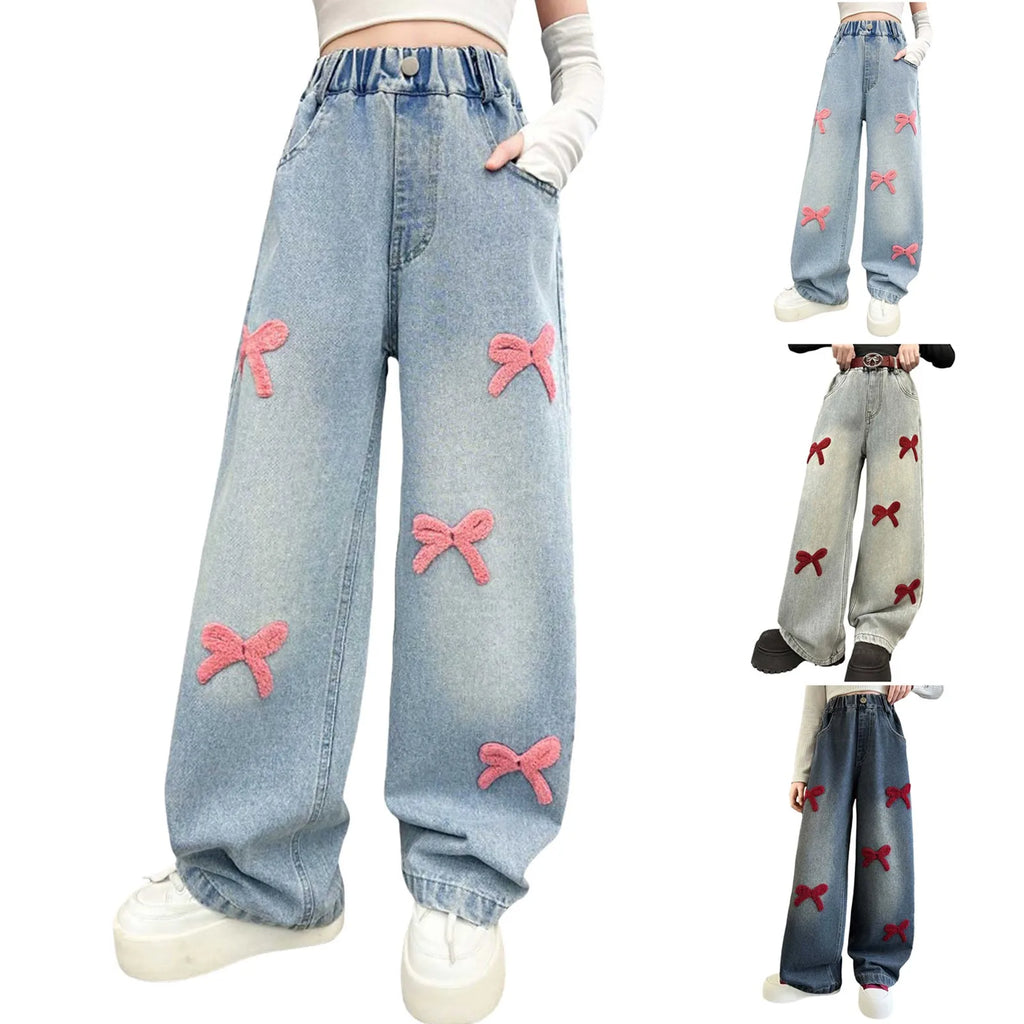 2t Girl Clothes Girls Jeans Streetwear Denim Cargo Pants High Waist Floor Length Baggy Wide Leg Jeans Snow Pants Big Girls