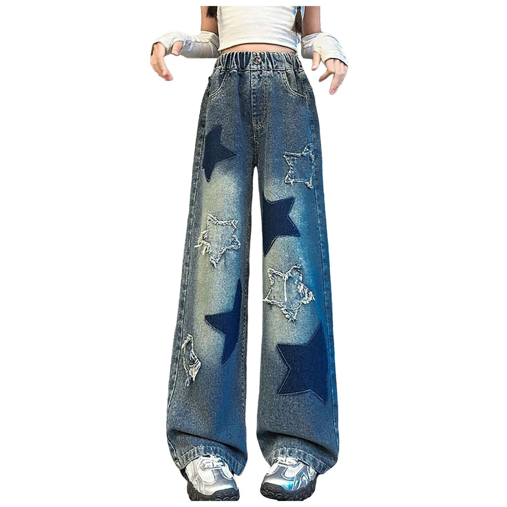 Kids Girls High Street Jeans Elastic Waist Baggy Denim Wide Leg Pants Trousers Fashion Oversize Star Embroidery Sports Pants