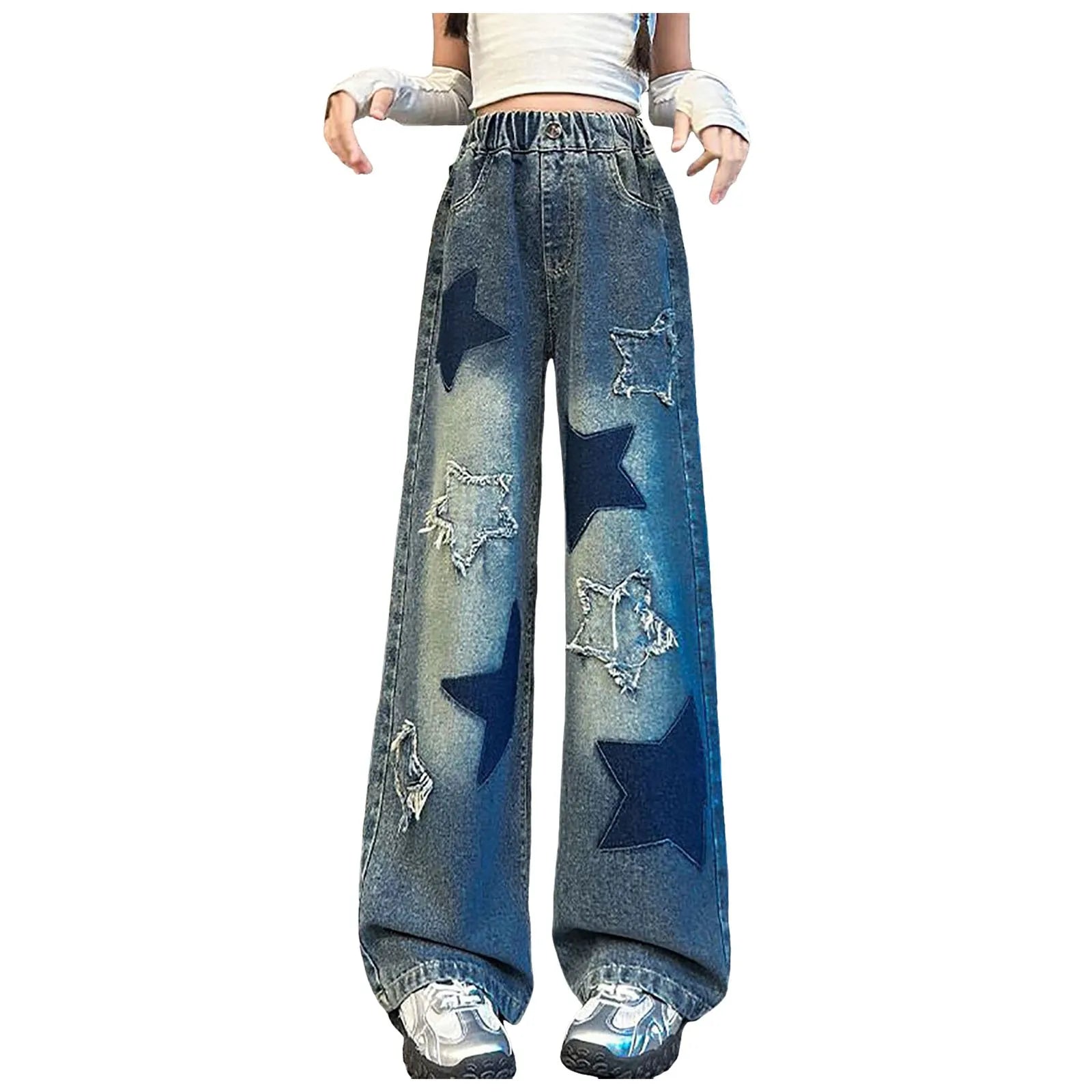 Kids Girls High Street Jeans Elastic Waist Baggy Denim Wide Leg Pants Trousers Fashion Oversize Star Embroidery Sports Pants