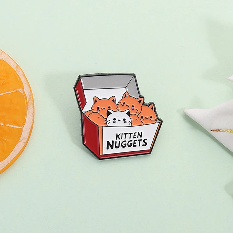 A Box of Kittens Nuggets Enamel Pin Cartoon Funny Cat Fast Food Cat Lover Brooch Lapel Backpack Badge Jewelry Gift for Friends