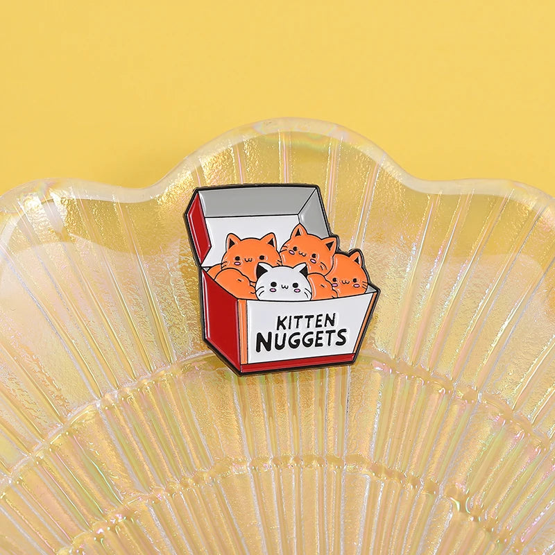 A Box of Kittens Nuggets Enamel Pin Cartoon Funny Cat Fast Food Cat Lover Brooch Lapel Backpack Badge Jewelry Gift for Friends