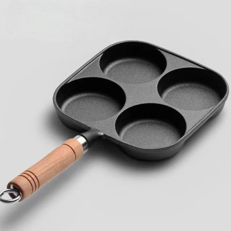 JUSTINLAU 2/4-Hole Cast Iron Omelette Pot Household Non-stick Flats-bottomed Egg Dumpling Pot Breakfast Egg Burger Frying Pan