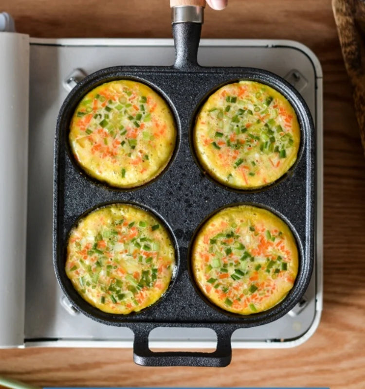 JUSTINLAU 2/4-Hole Cast Iron Omelette Pot Household Non-stick Flats-bottomed Egg Dumpling Pot Breakfast Egg Burger Frying Pan