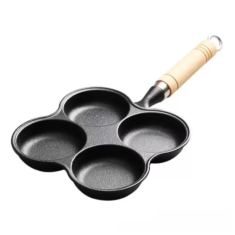 JUSTINLAU 2/4-Hole Cast Iron Omelette Pot Household Non-stick Flats-bottomed Egg Dumpling Pot Breakfast Egg Burger Frying Pan