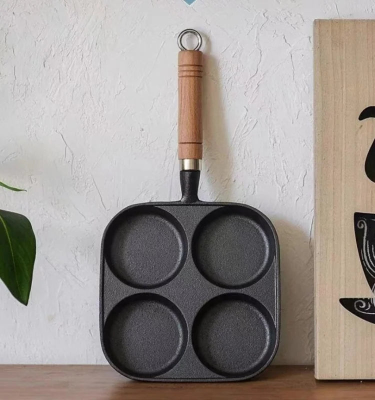 JUSTINLAU 2/4-Hole Cast Iron Omelette Pot Household Non-stick Flats-bottomed Egg Dumpling Pot Breakfast Egg Burger Frying Pan