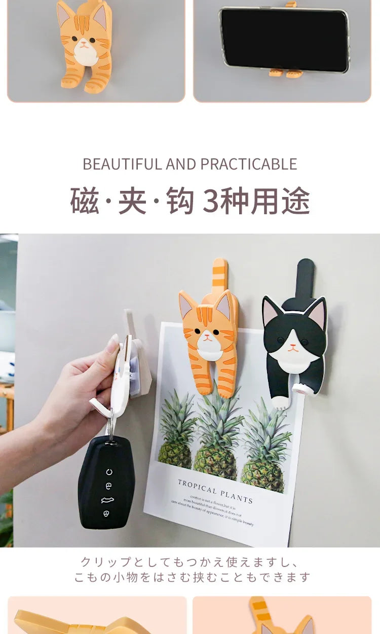 Kawaii Cat Fridge Magnet Key Holder Hanger Hook Refrigerator Magnetic Photo Message Sticker Note Stick Home Kitchen Decoration