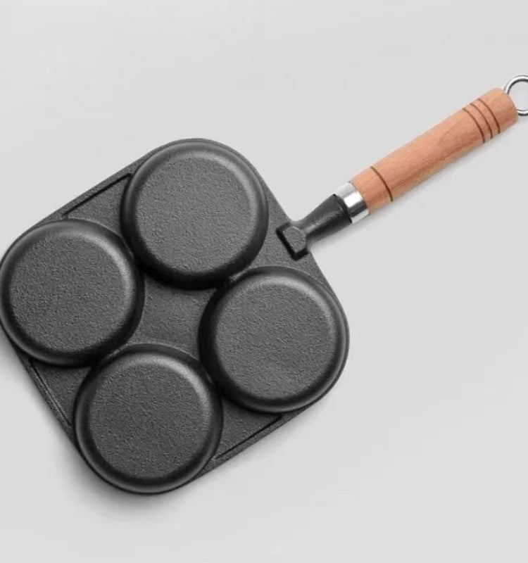 JUSTINLAU 2/4-Hole Cast Iron Omelette Pot Household Non-stick Flats-bottomed Egg Dumpling Pot Breakfast Egg Burger Frying Pan