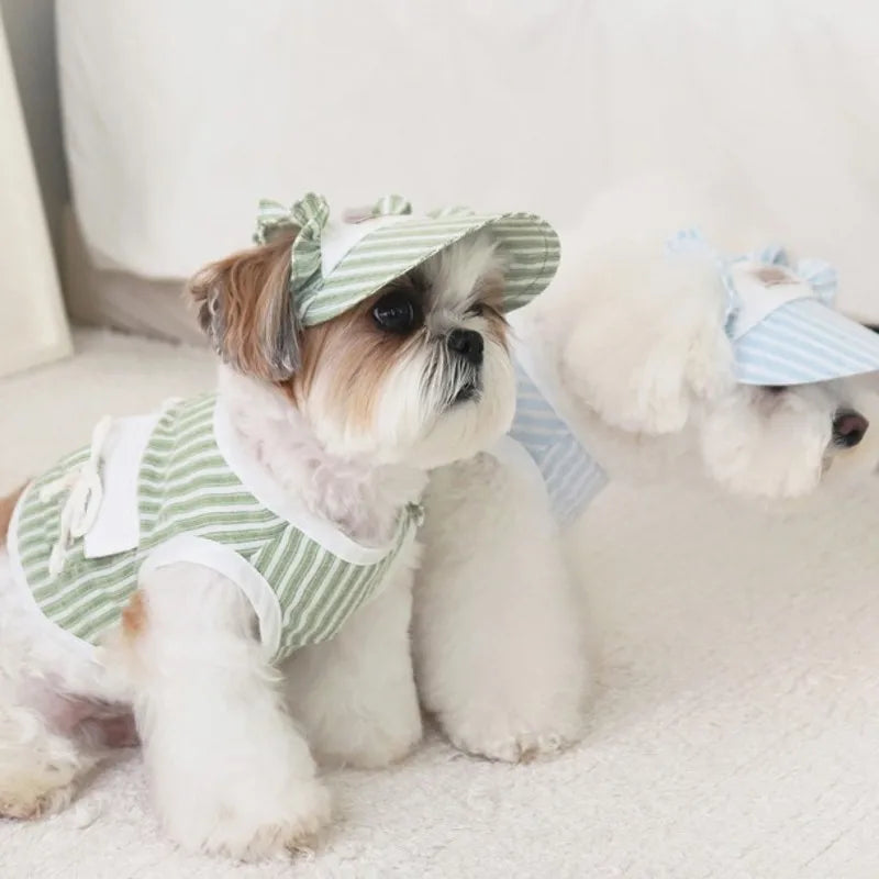 Dog Clothes with Hat Pet Vest Set Striped Dog T Shirt Cute Kitten Puppy Costume Chihuahua Bichon Girls Cooling Clothing Buckle