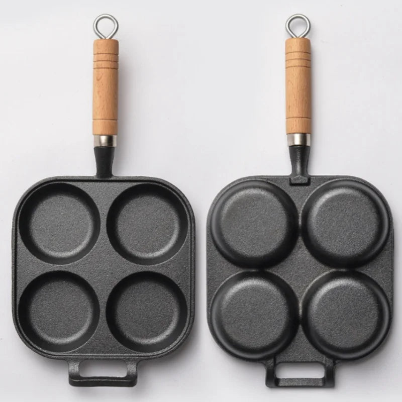 JUSTINLAU 2/4-Hole Cast Iron Omelette Pot Household Non-stick Flats-bottomed Egg Dumpling Pot Breakfast Egg Burger Frying Pan