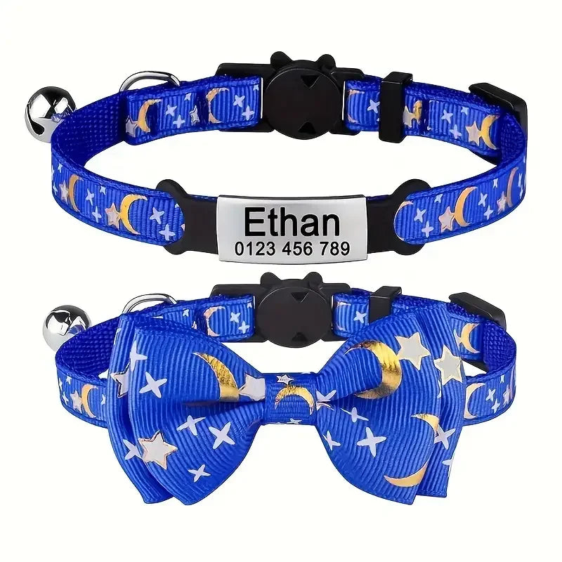 Personalized Custom Engraved Pet Name and Phone Number Cat ID Tag Moon and Star Print cat Collar with Bow Suitable for pet Cats