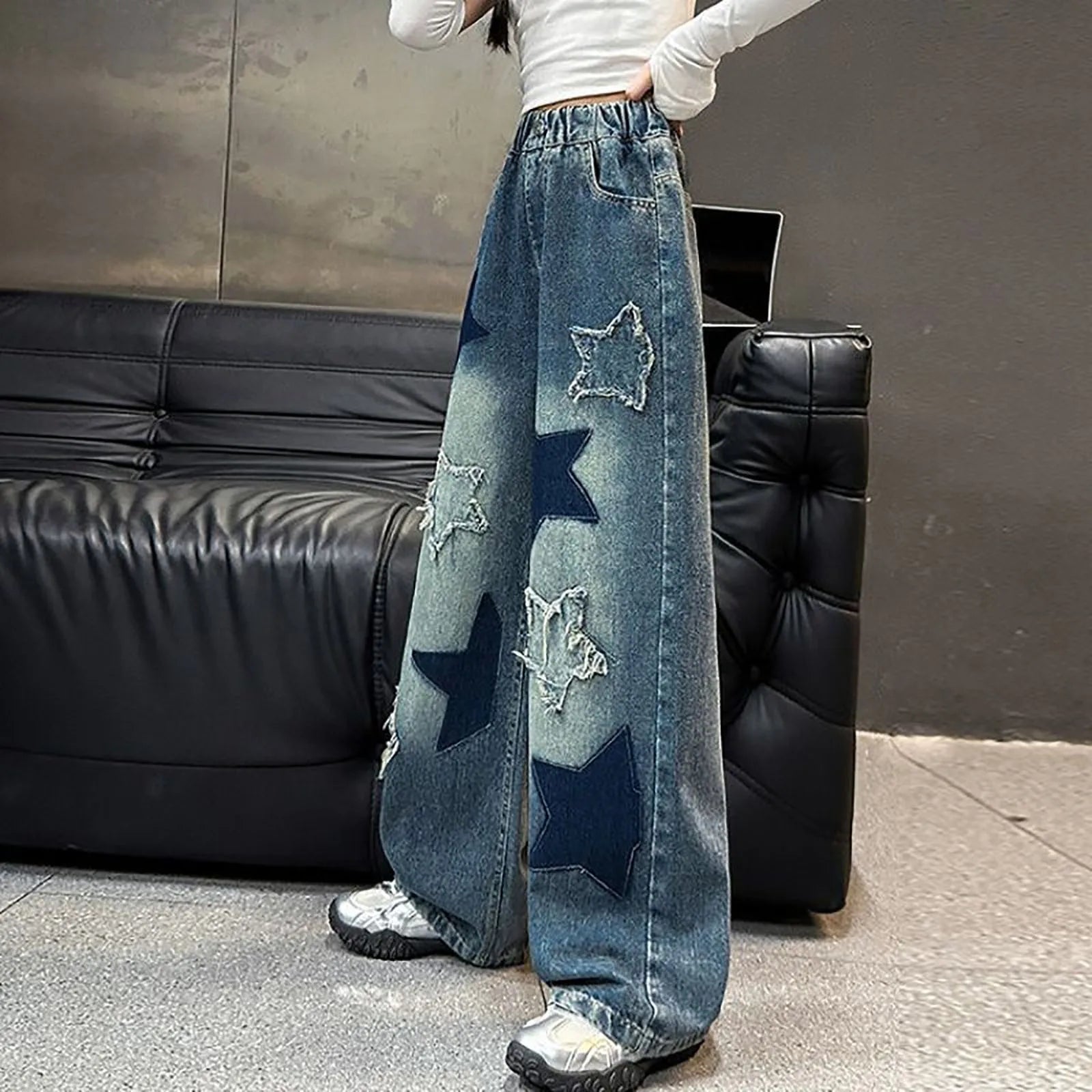 Kids Girls High Street Jeans Elastic Waist Baggy Denim Wide Leg Pants Trousers Fashion Oversize Star Embroidery Sports Pants