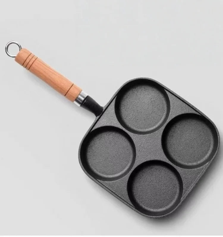 JUSTINLAU 2/4-Hole Cast Iron Omelette Pot Household Non-stick Flats-bottomed Egg Dumpling Pot Breakfast Egg Burger Frying Pan
