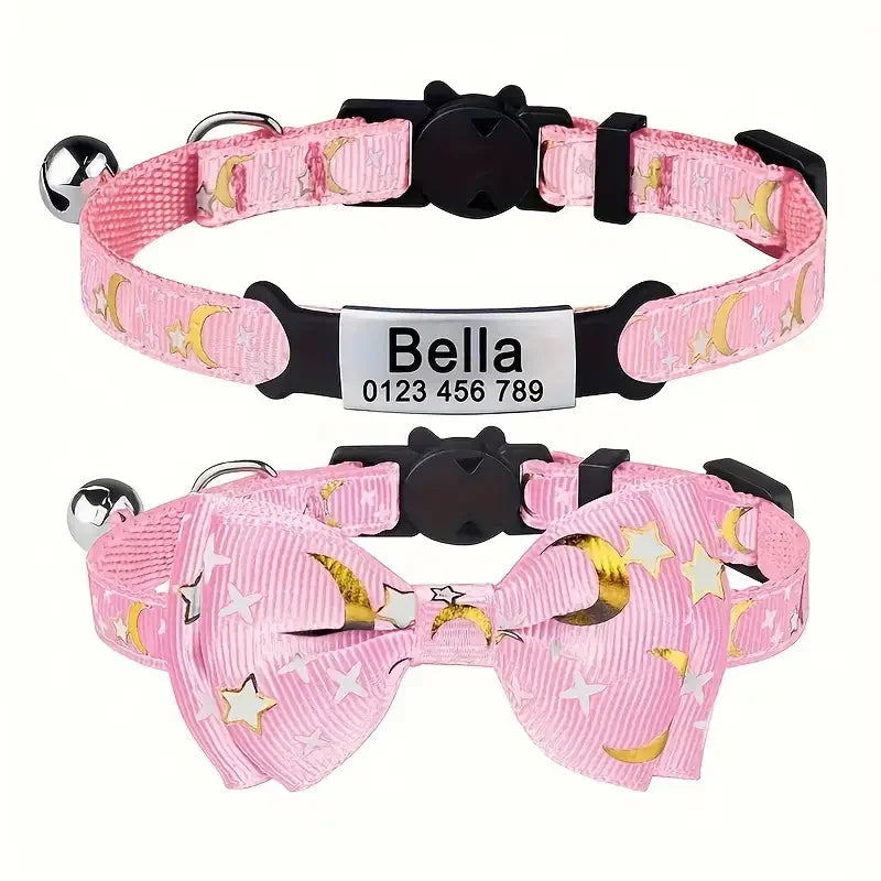 Personalized Custom Engraved Pet Name and Phone Number Cat ID Tag Moon and Star Print cat Collar with Bow Suitable for pet Cats