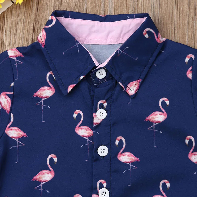 Lioraitiin 1-6Years Toddler Baby Boy Gentleman Flamingo Short Sleeve Shirt+Shorts Solid Pants Wedding Party Summer Set