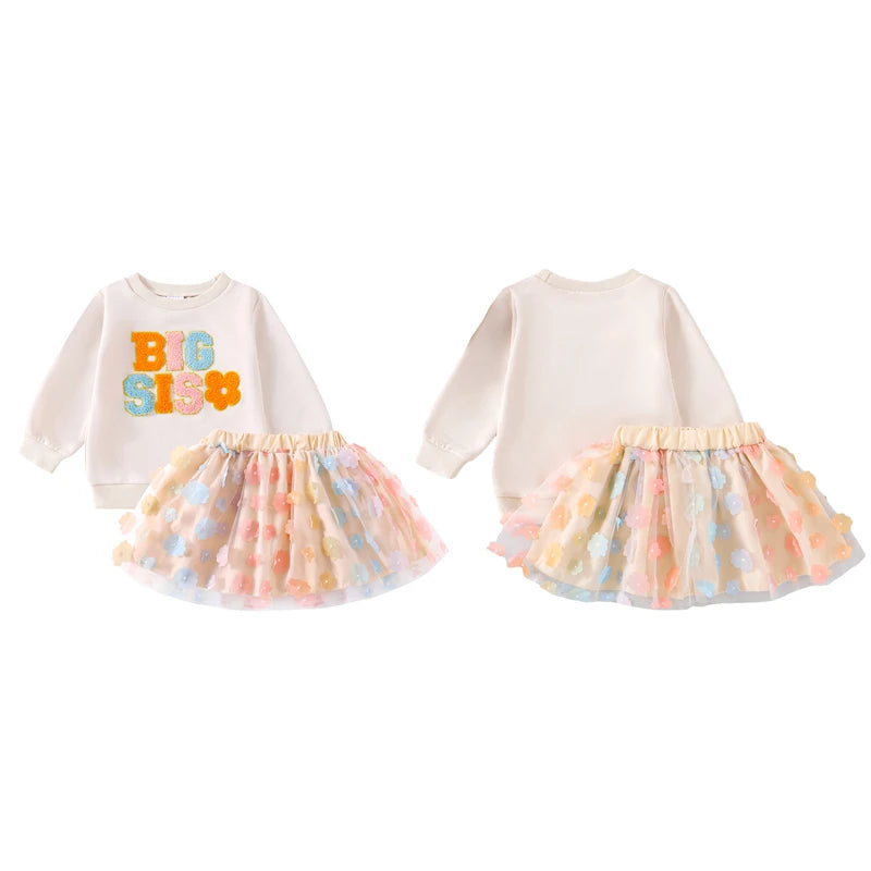 2024-07-27 Kids Girls Skirt Set Long Sleeve Embroidery Letters Sweatshirt with Flower Tulle Skirt 2-piece Outfit