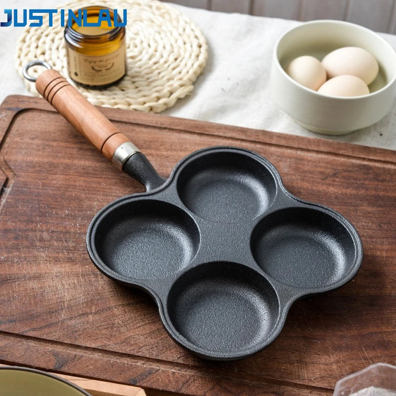JUSTINLAU 2/4-Hole Cast Iron Omelette Pot Household Non-stick Flats-bottomed Egg Dumpling Pot Breakfast Egg Burger Frying Pan