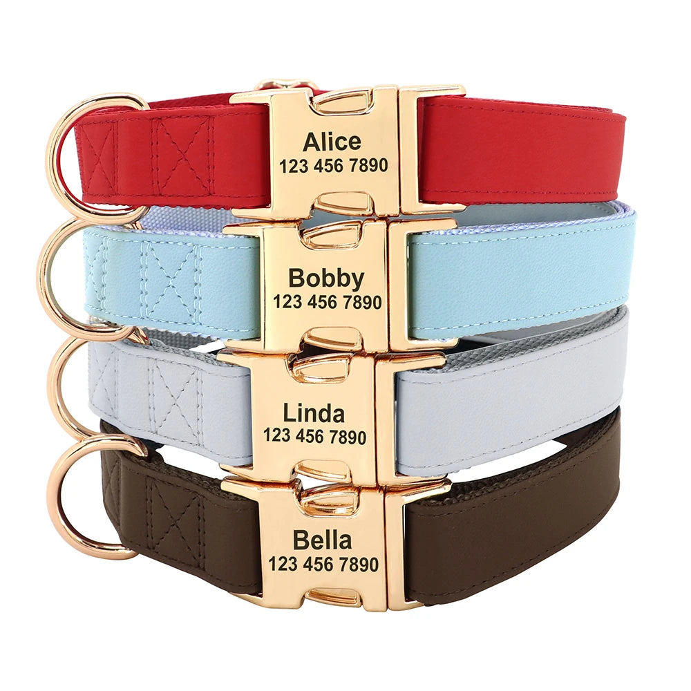 Personalized Dog Collar Leather Dogs Collars Custom Pet ID Tag Collar Adjustable For Small Medium Large Dogs Pug Free Engraved