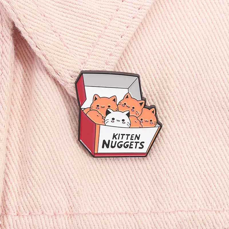 A Box of Kittens Nuggets Enamel Pin Cartoon Funny Cat Fast Food Cat Lover Brooch Lapel Backpack Badge Jewelry Gift for Friends