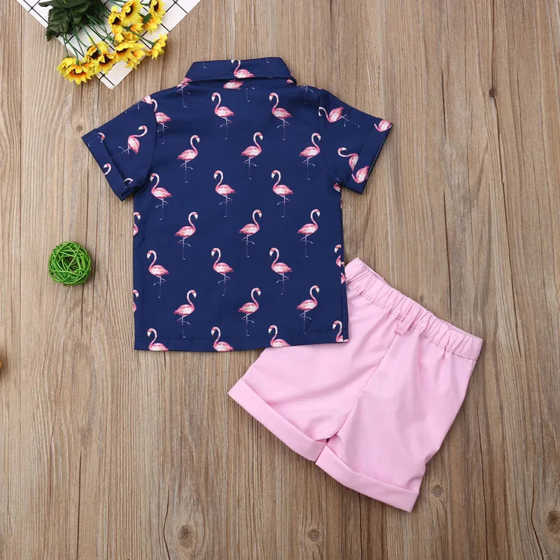 Lioraitiin 1-6Years Toddler Baby Boy Gentleman Flamingo Short Sleeve Shirt+Shorts Solid Pants Wedding Party Summer Set