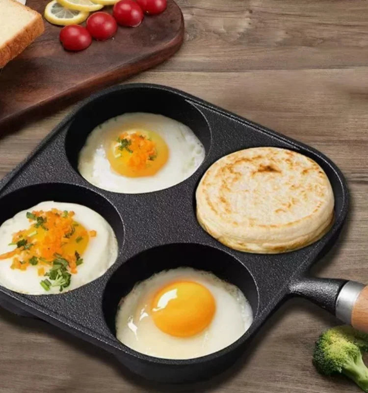 JUSTINLAU 2/4-Hole Cast Iron Omelette Pot Household Non-stick Flats-bottomed Egg Dumpling Pot Breakfast Egg Burger Frying Pan