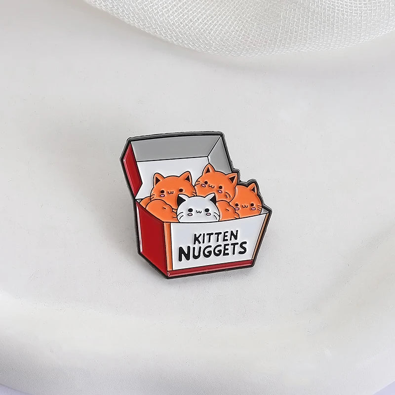A Box of Kittens Nuggets Enamel Pin Cartoon Funny Cat Fast Food Cat Lover Brooch Lapel Backpack Badge Jewelry Gift for Friends
